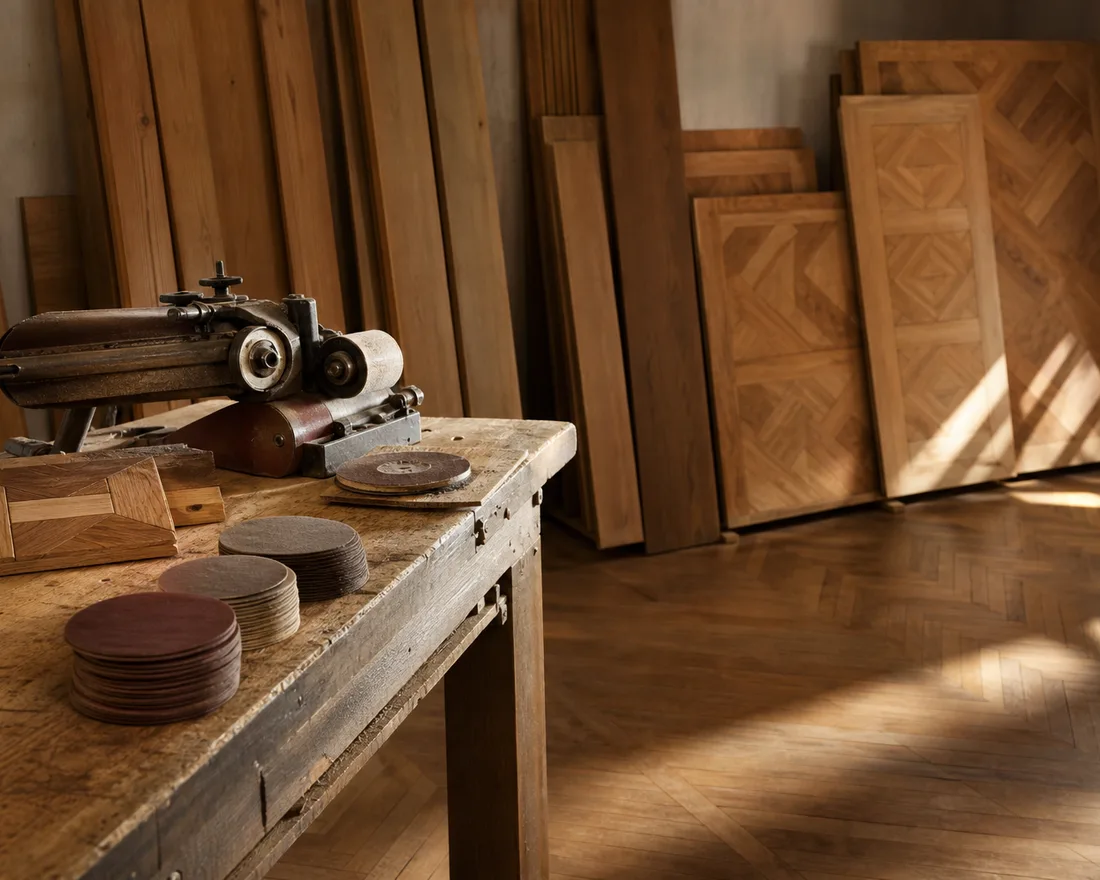 Établi d’atelier de parqueteur : ponceuse de bordure, abrasifs classés par grain et lames de chêne triées