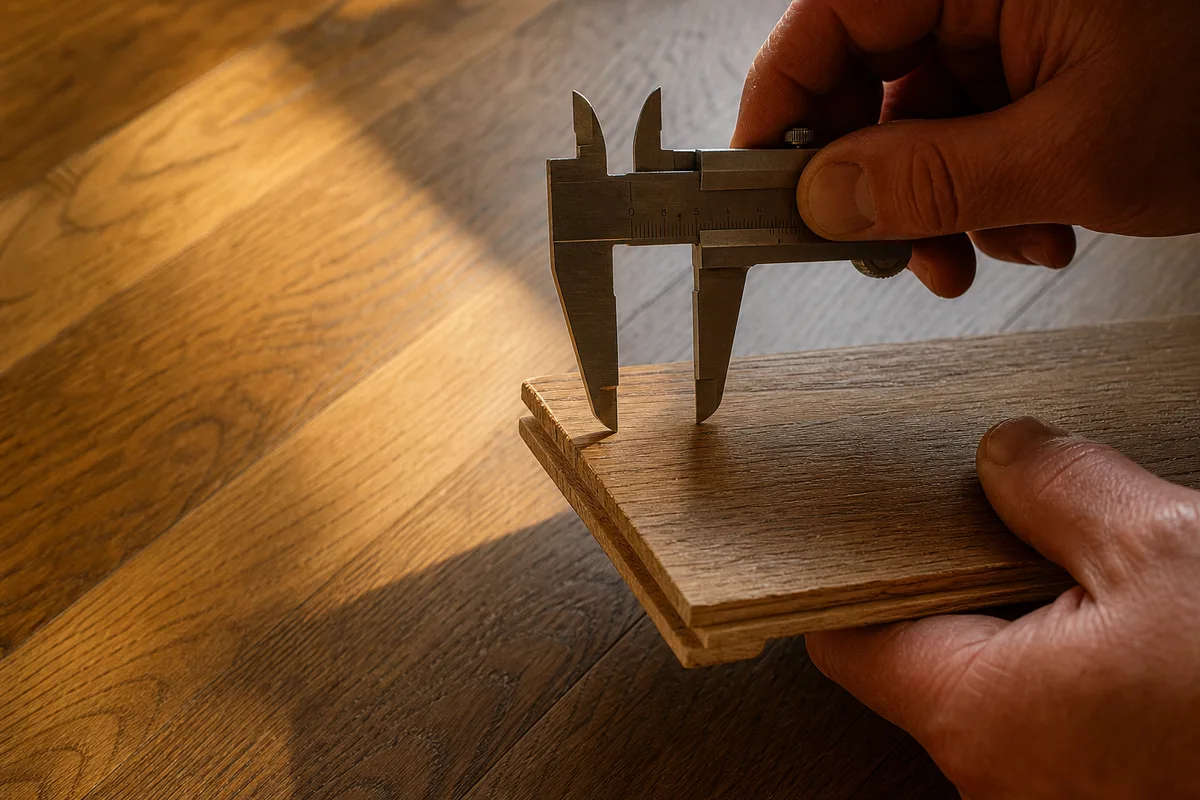 Mesure au pied à coulisse de l’épaisseur d’usure d’une lame de parquet massif