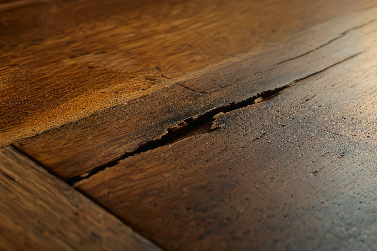 Lame de parquet fendue dans le sens du fil, à reprendre avant ponçage