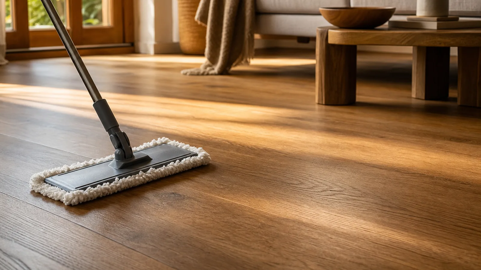 Parquet vitrifié en chêne clair entretenu au balai microfibre dans un intérieur lumineux