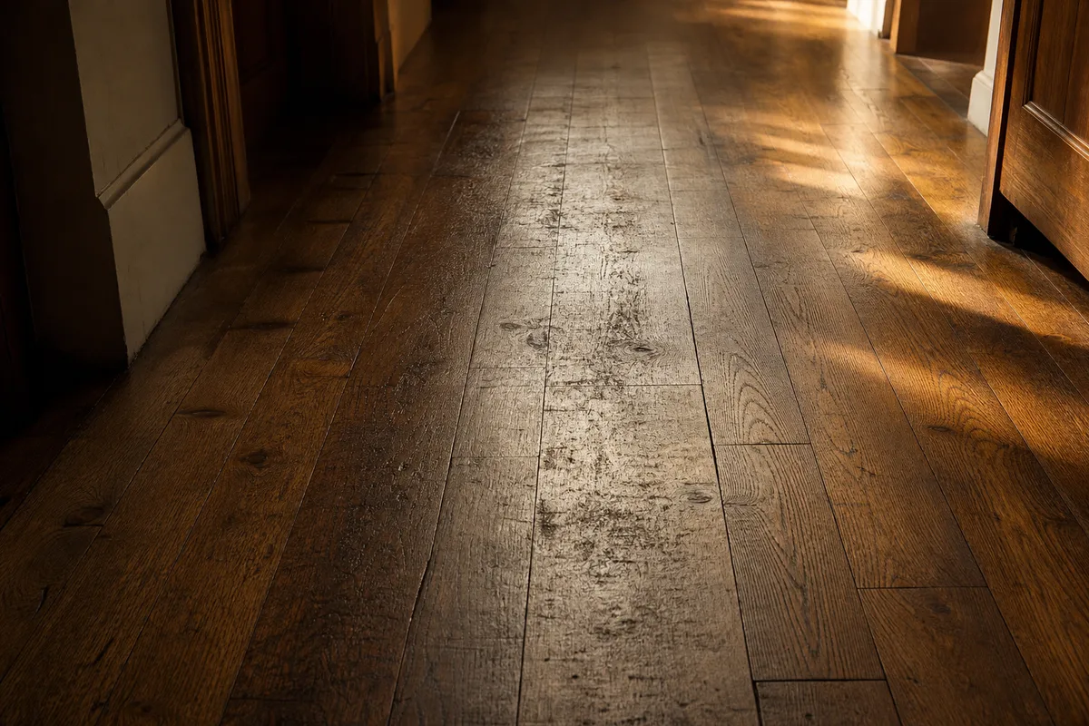 Zone de passage grisée sur un parquet vitrifié, le long d’un couloir
