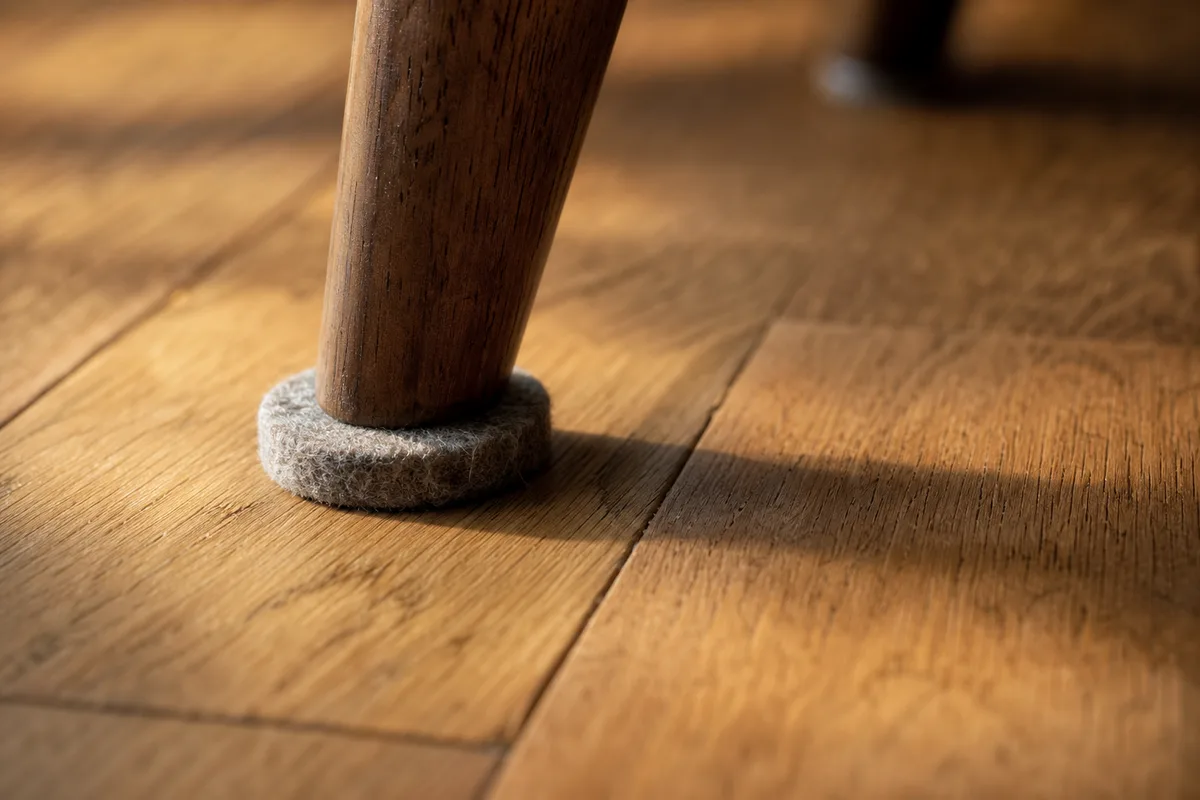 Patin feutre collé sous un pied de chaise en bois, posé sur un parquet