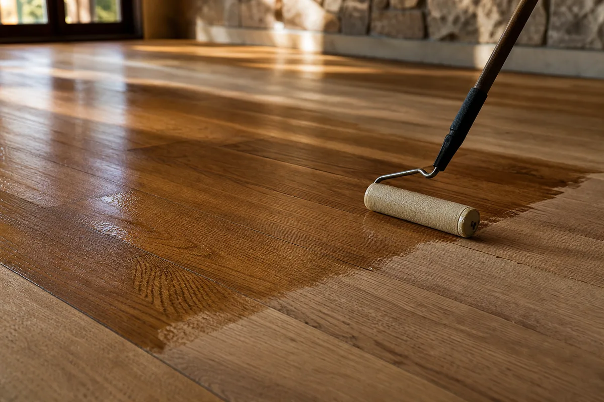 Application d’une couche de vitrificateur au rouleau sur un parquet poncé