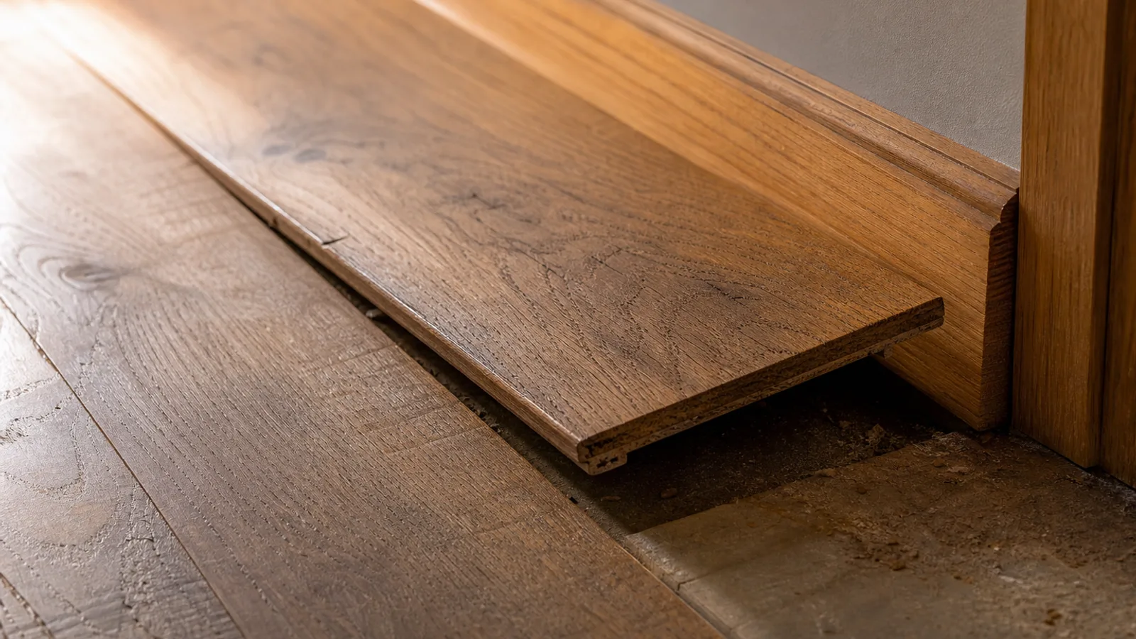 Lame de parquet ancien soulevée en périphérie de pièce, révélant l’épaisseur de bois restante