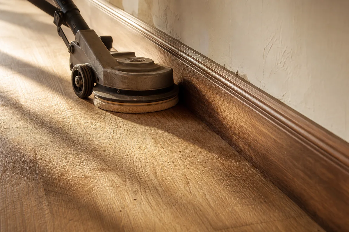 Reprise de la bande périphérique du parquet à la bordureuse, le long des plinthes