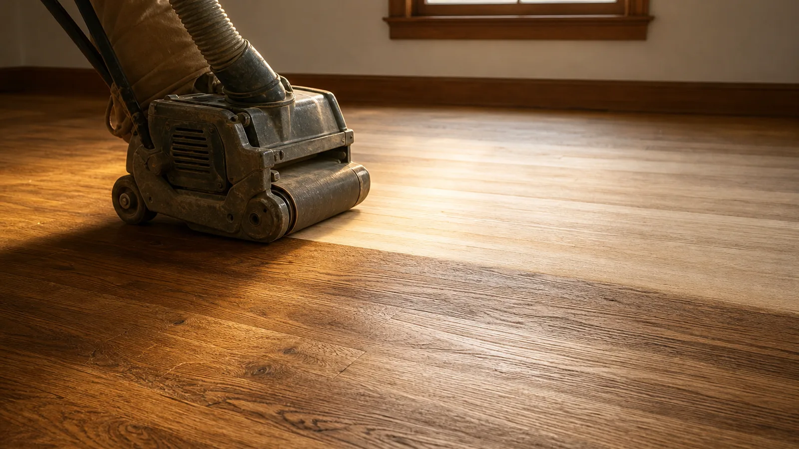 Ponceuse à bande en cours de passage sur un parquet en chêne, dans une pièce vide