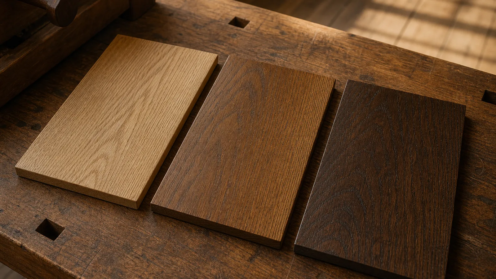 Trois échantillons de parquet en chêne finis différemment, posés côte à côte
