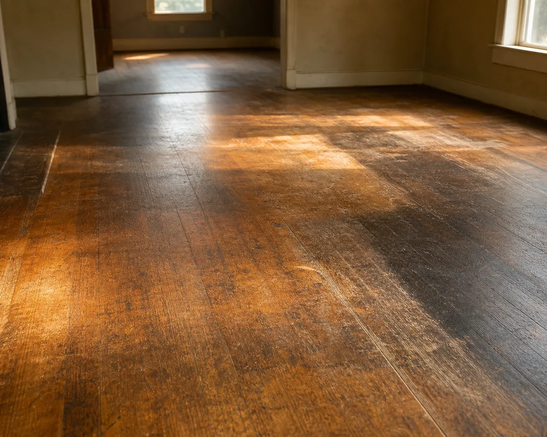 Séjour vide au parquet marqué par les traces de meubles, éclairé en lumière rasante