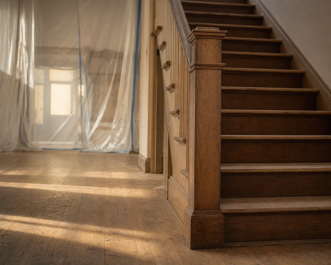 Volée d’escalier en cours de rénovation, protégée et signalée pendant les travaux
