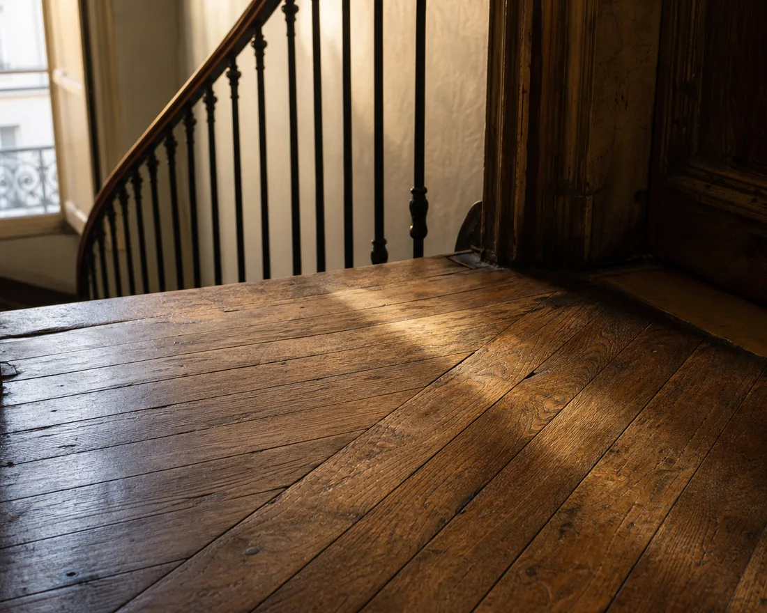 Palier d’immeuble ancien au parquet usé dans l’axe de circulation, avant rénovation