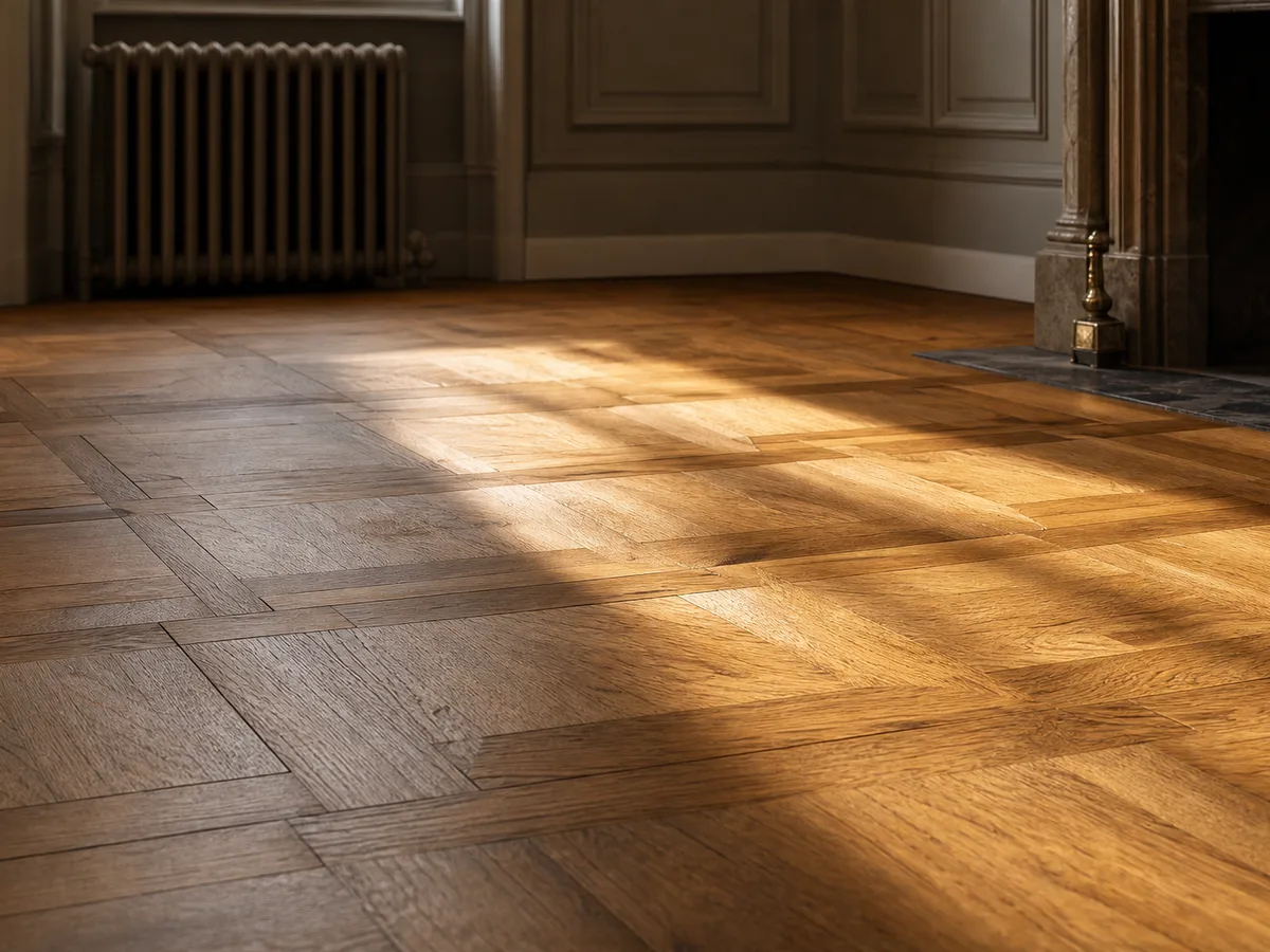 Parquet en chêne fraîchement vitrifié réfléchissant la lumière d’une fenêtre