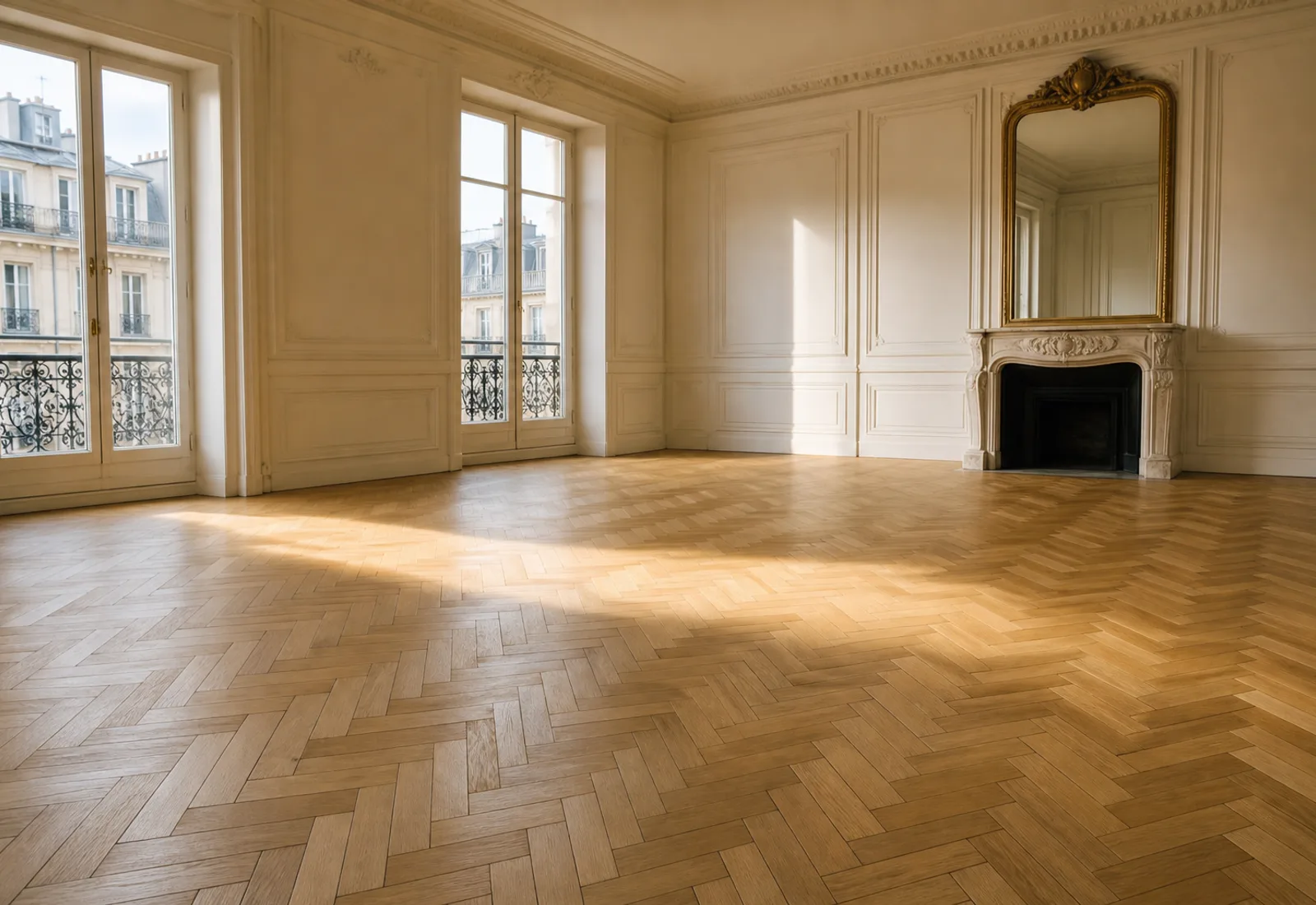 Parquet en chêne massif poncé à nu dans un appartement ancien, avant application de la finition