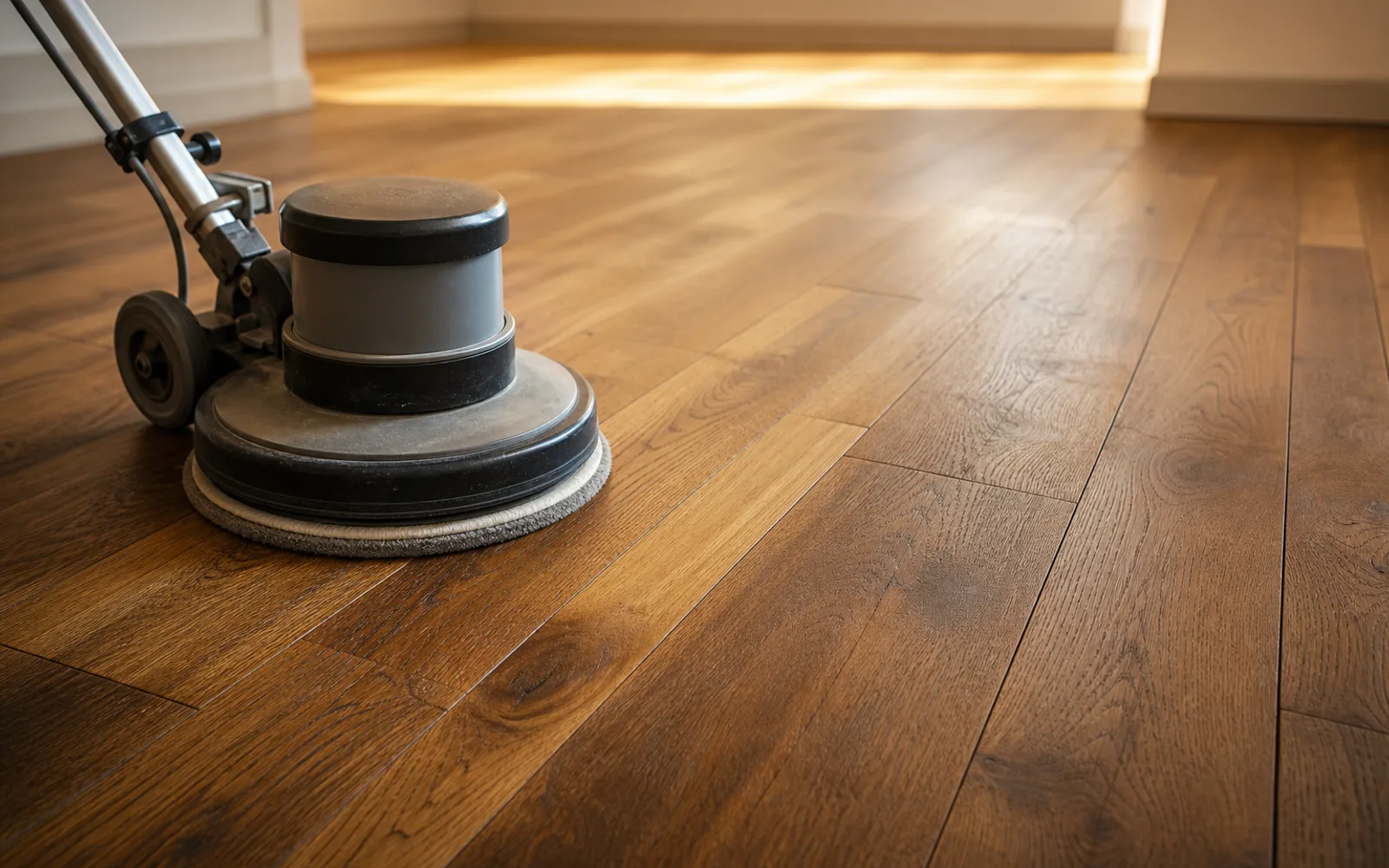 Monobrosse équipée d’un disque fin passant sur un parquet en chêne vitrifié mat