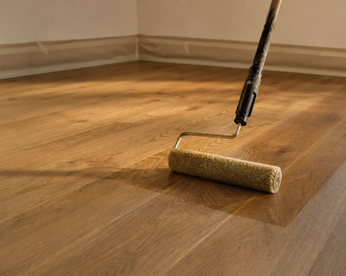 Application au rouleau d’une couche de finition sur un parquet égrené, plinthes protégées