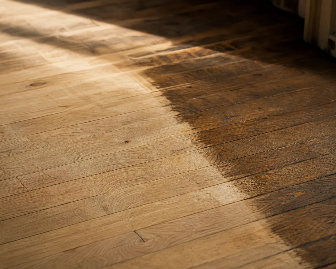 Parquet en cours de ponçage, moitié mise à nu et moitié encore couverte de son ancien vernis