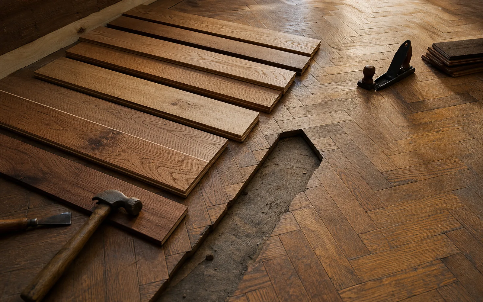 Lames de chêne de récupération triées par largeur, posées près d’une zone de parquet à reprendre