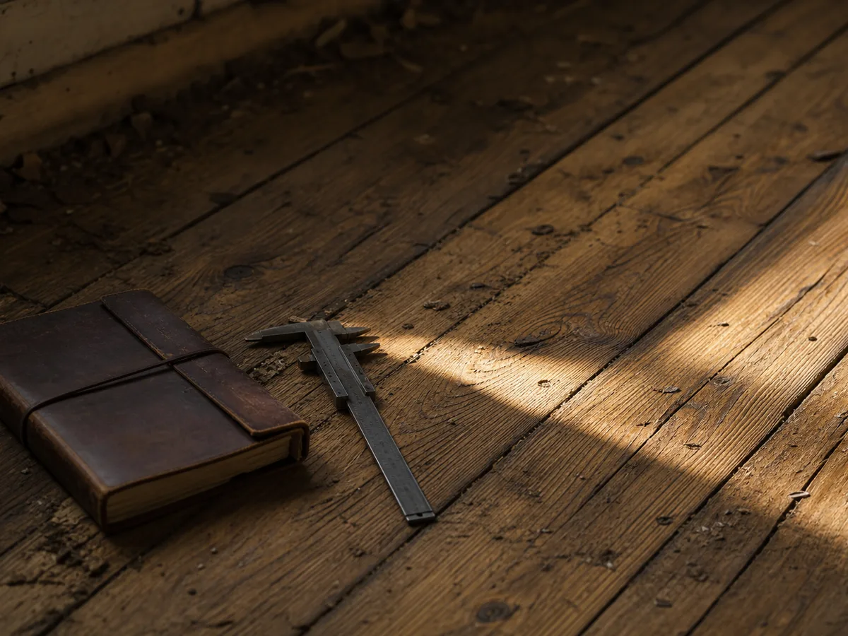 Pied à coulisse et carnet de chantier posés sur un parquet ancien en cours de relevé