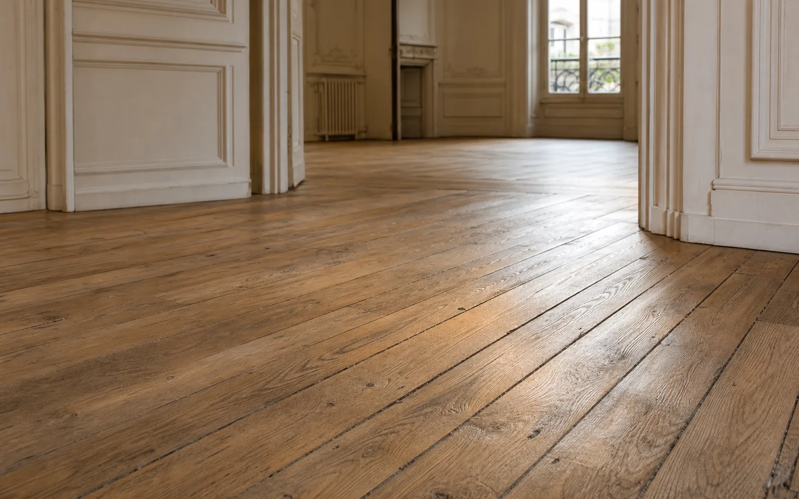 Parquet à l’anglaise mis à nu dans un appartement d’immeuble ancien, moulures et hautes fenêtres