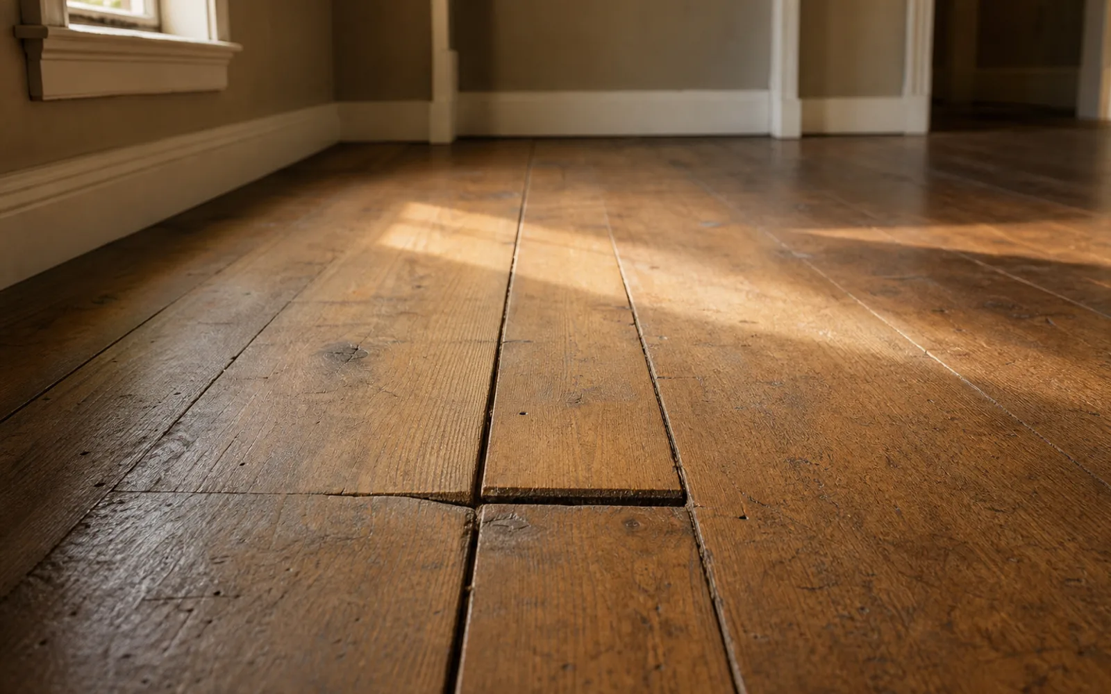 Plancher d’étage sur solives dont une lame est enfoncée sous le pied, jeu visible au droit du support