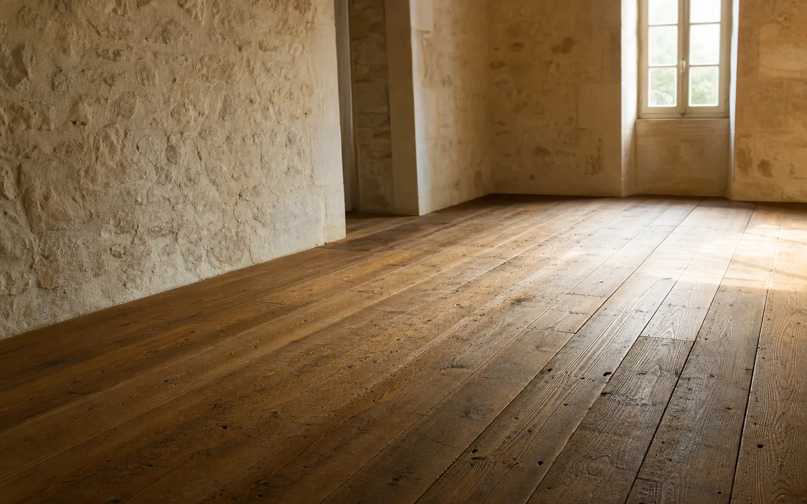 Plancher à lames larges clouées sur solives apparentes dans une pièce de maison de bourg en pierre claire