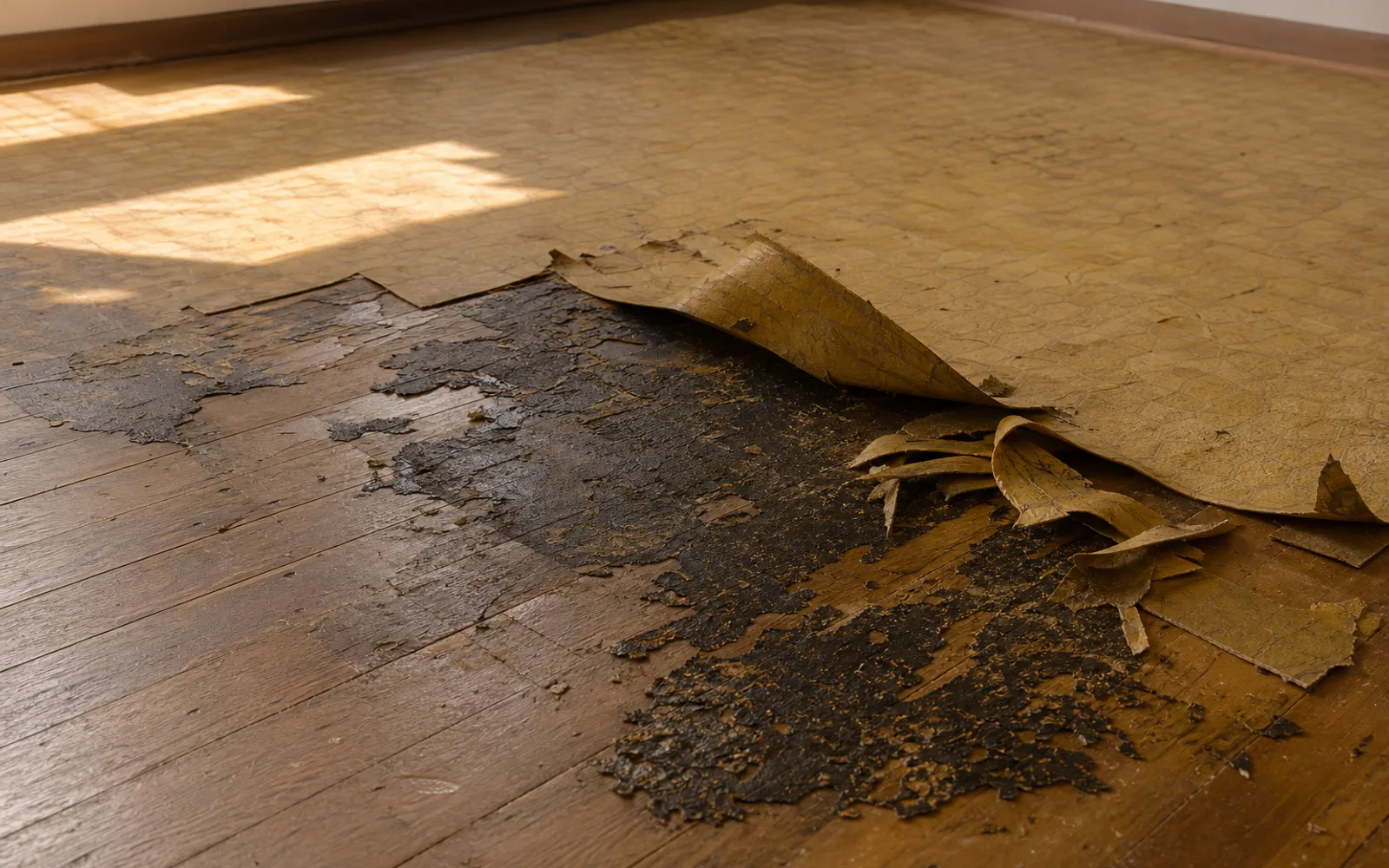 Lino collé arraché par bandes sur un plancher ancien, laissant apparaître la colle noire durcie